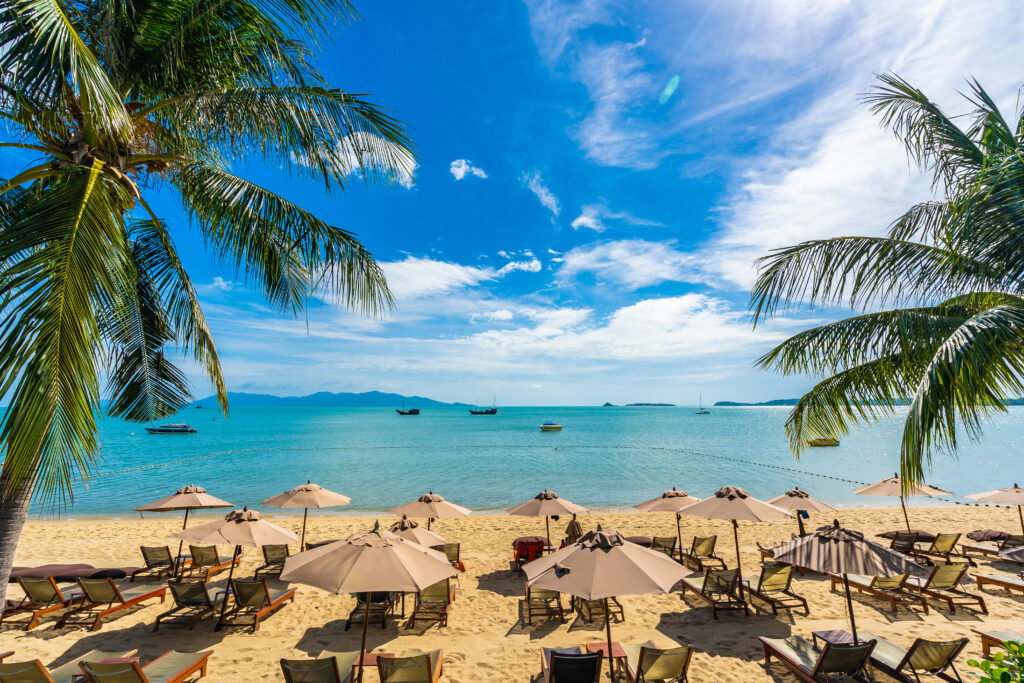 Beautiful tropical beach sea and ocean with coconut palm tree  and umbrella and chair on blue sky and white cloud for holiday vacation travel