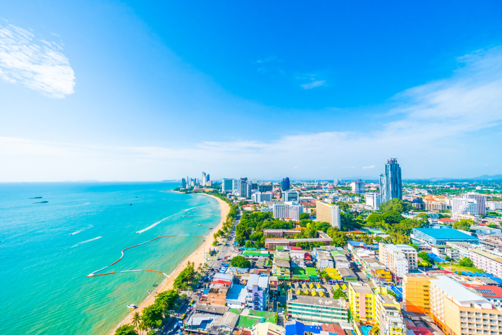 Beautiful architecture around Pattaya city with sea and ocean bay in Thailand